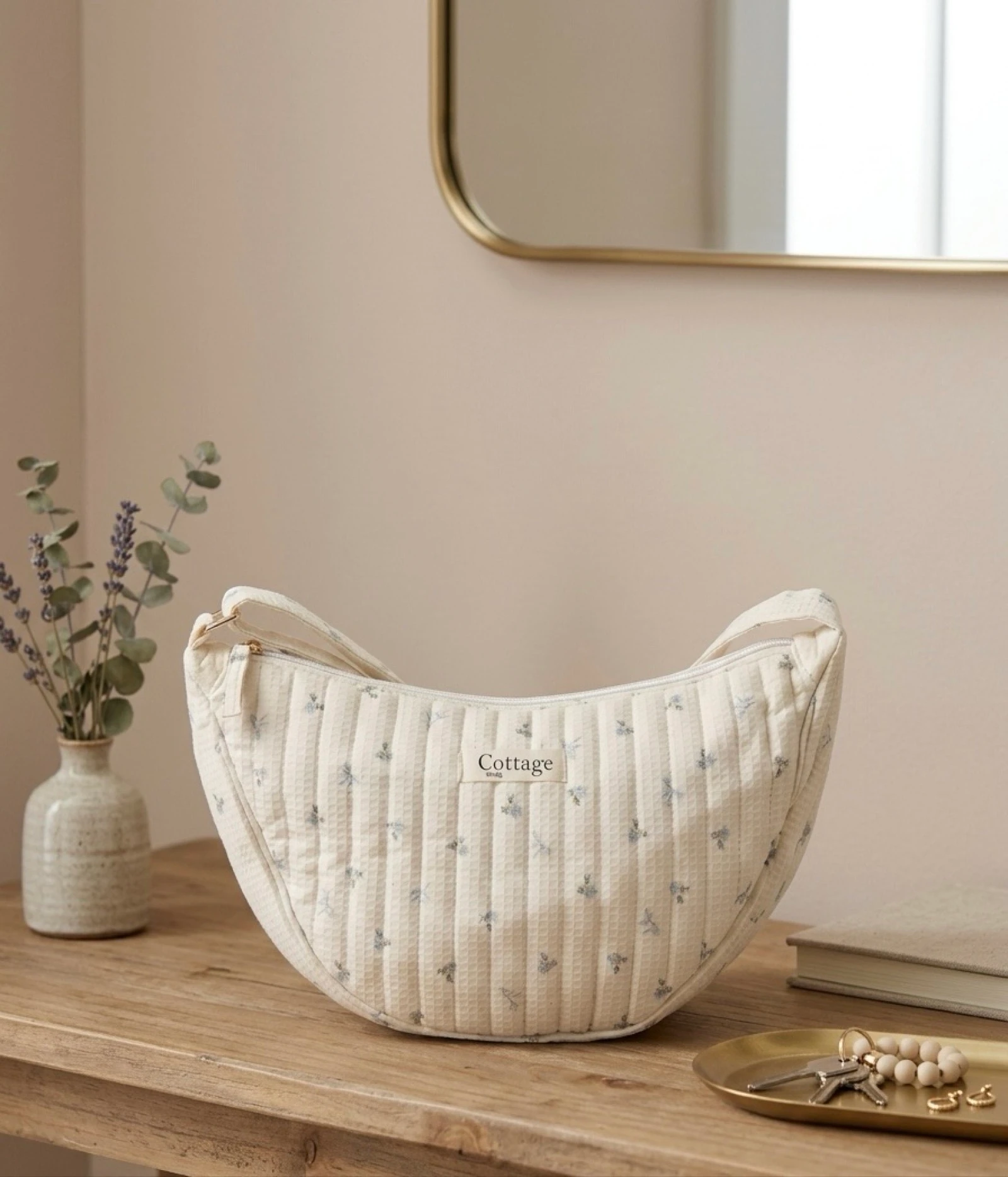 Sac Lune 100% Coton Matelassé Collection Cottage & Bag / Modèle Petites Fleurs Bleu